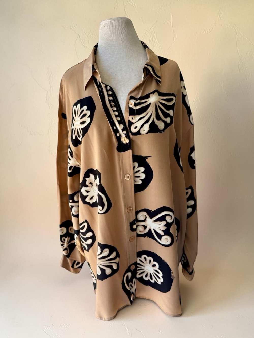 Vtg 90s Diane Von Furstenberg DVF 100% Silk Brown Geo Abstract Top 1X Tunic